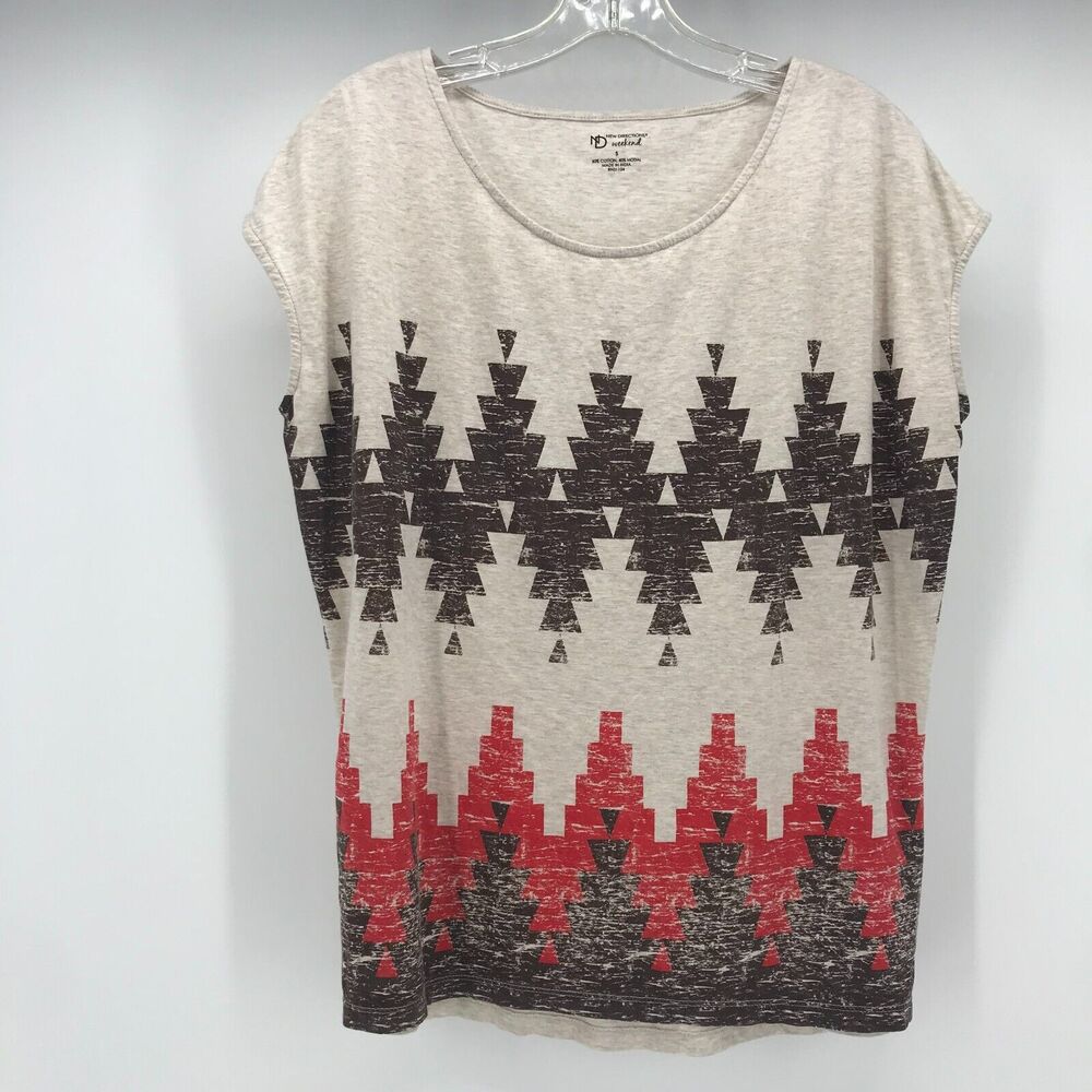New Directions Weekend Top Womens Small Heathered Oatmeal Aztec Tribal Print